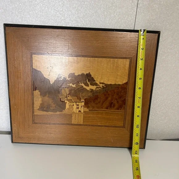 Vintage "Lake Geneva" Castle of Chillon Handmade Marquetry Inlaid Wood Picture - Picture 6 of 6